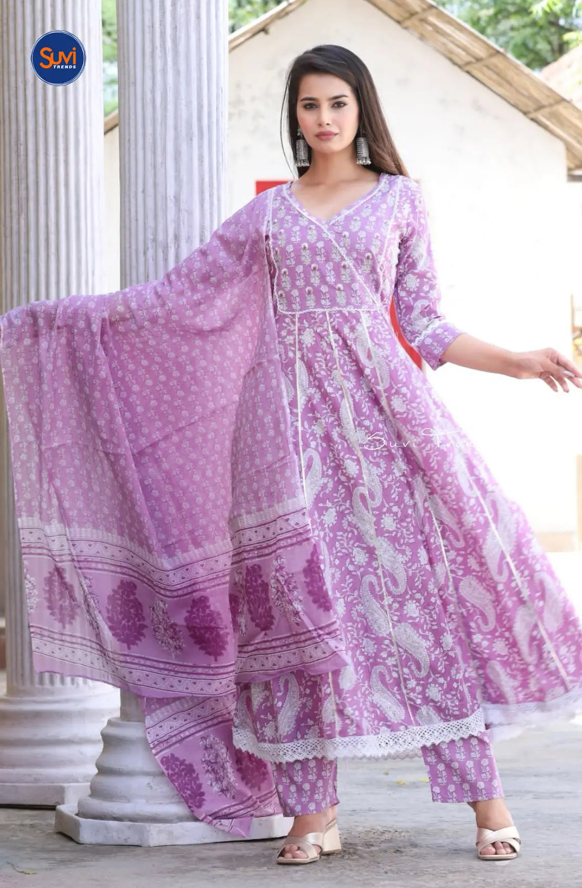 Cotton Printed Anarkali Suit Set Purple