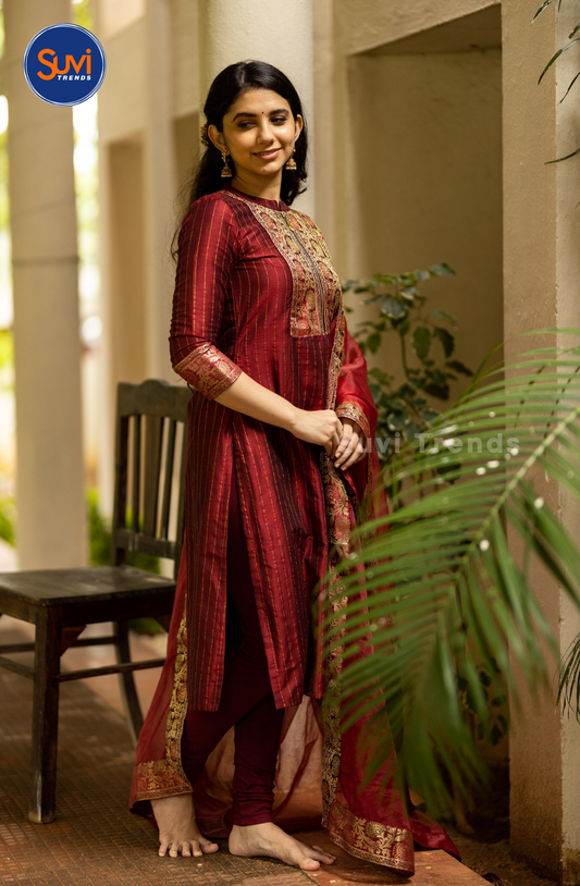 Maroon Chanderi Cotton Silk Kurti with Soft Organza Dupatta