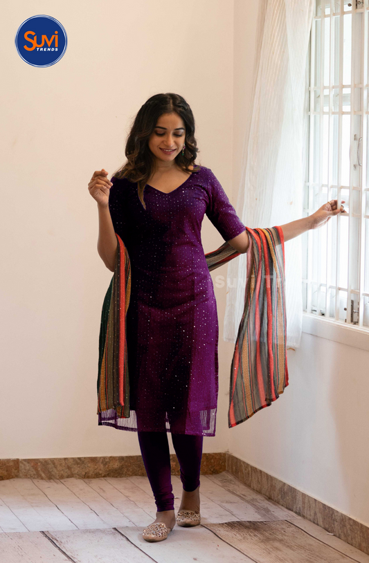 Wine Net Sequins Top with Multi-Colour Dupatta