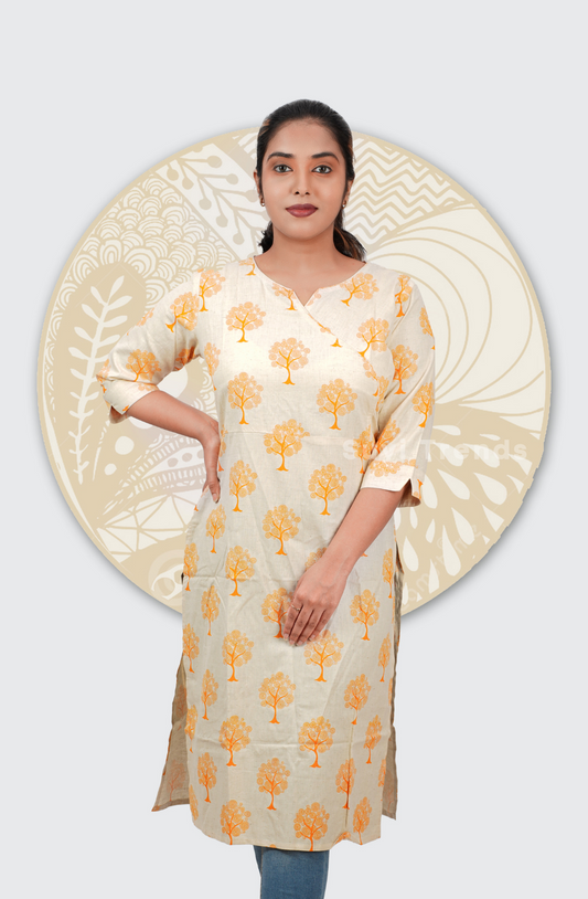 Tree Motif Printed Straight Kurta - Orange