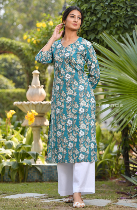 Floral Printed Long Kurta - Torquoise