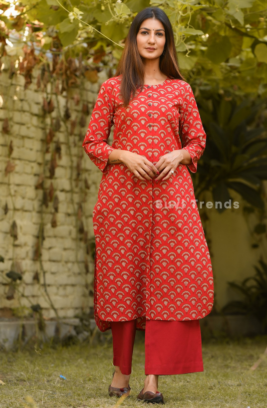 Scallop Printed Cotton Kurta - Red