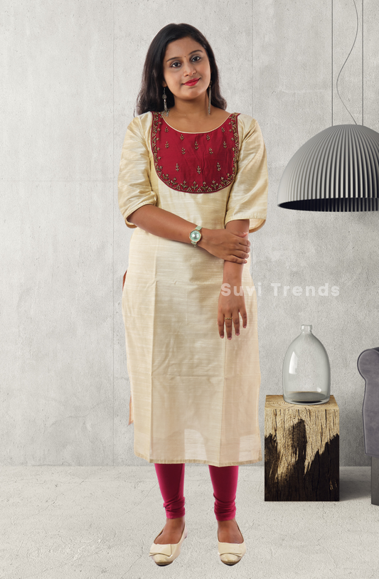 Off White & Maroon Aari worked Kurti