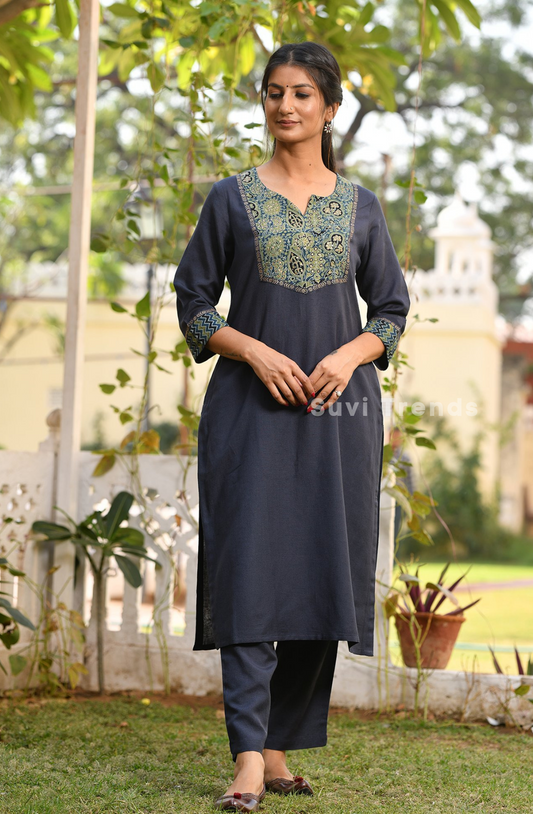 Navy Blue Ajrakh Linen Kurta