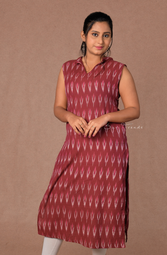 Ikat Straight Kurta - Maroon