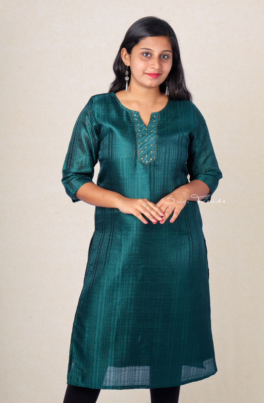 Solid Striped Kurta with Embellishment - Peacock Green