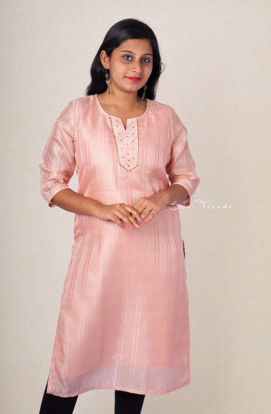 Solid Striped Kurta with Embellishment - Peach