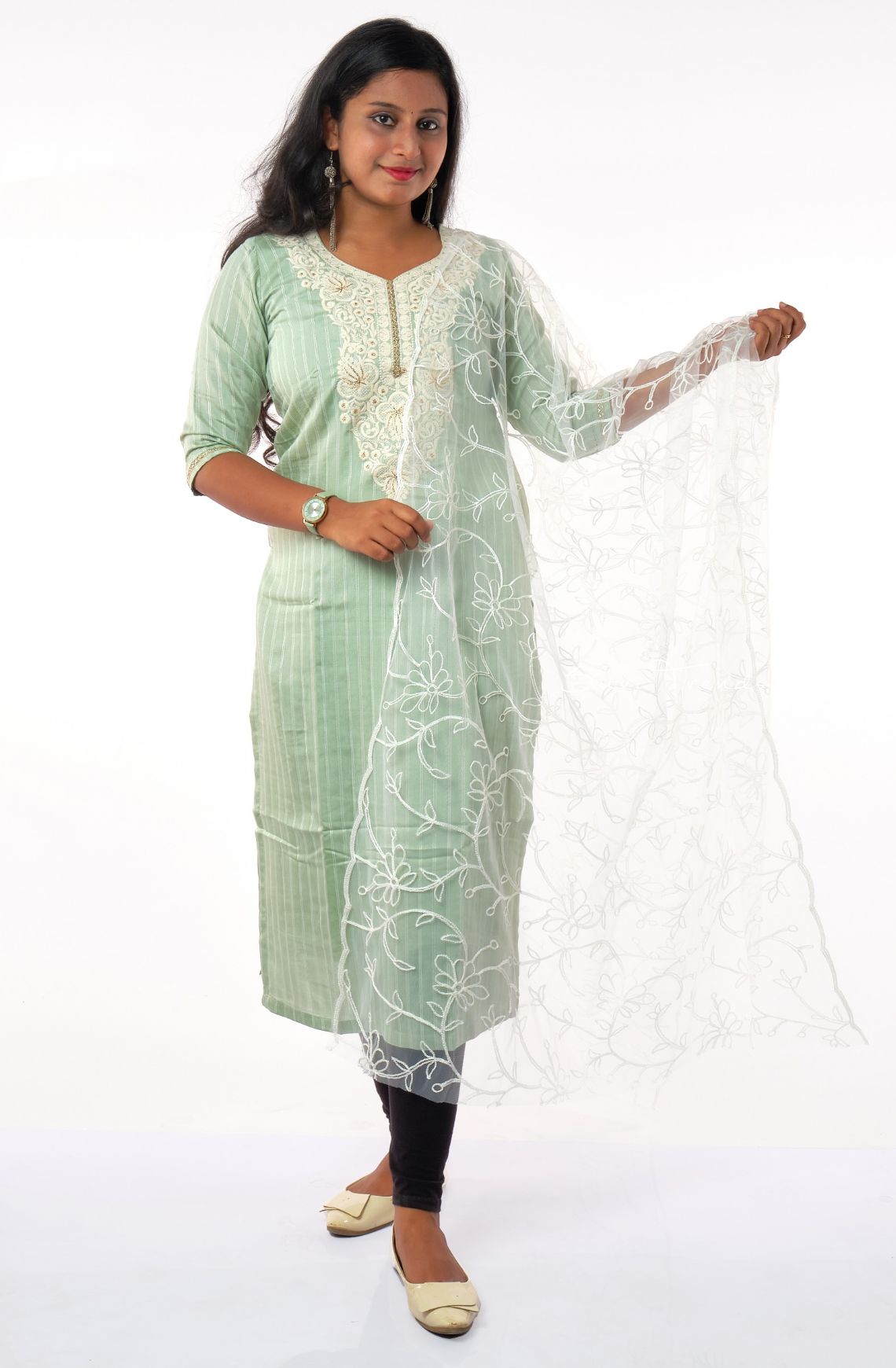 Contrast Floral Embroidered Kurta with Embroidered Dupatta - Olive Green