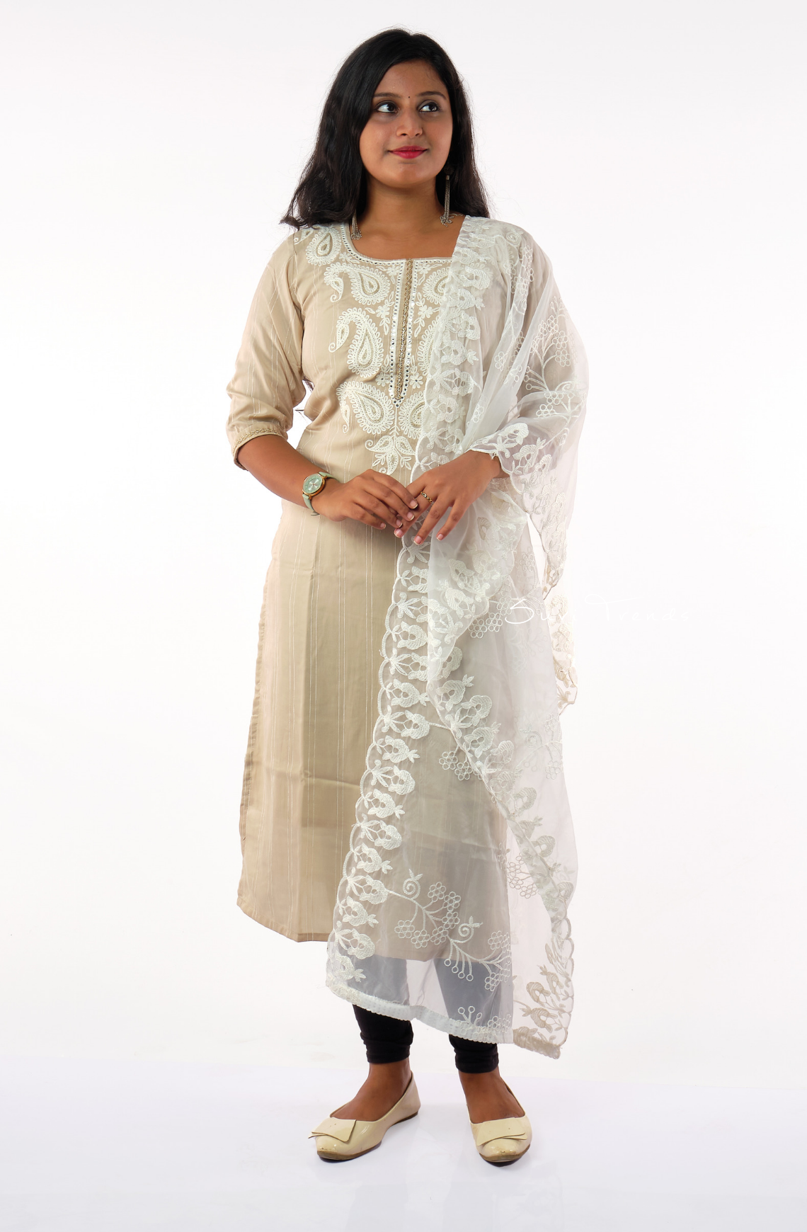 Contrast Paisley Motif Embroidered Kurta with Embroidered Dupatta - Beige