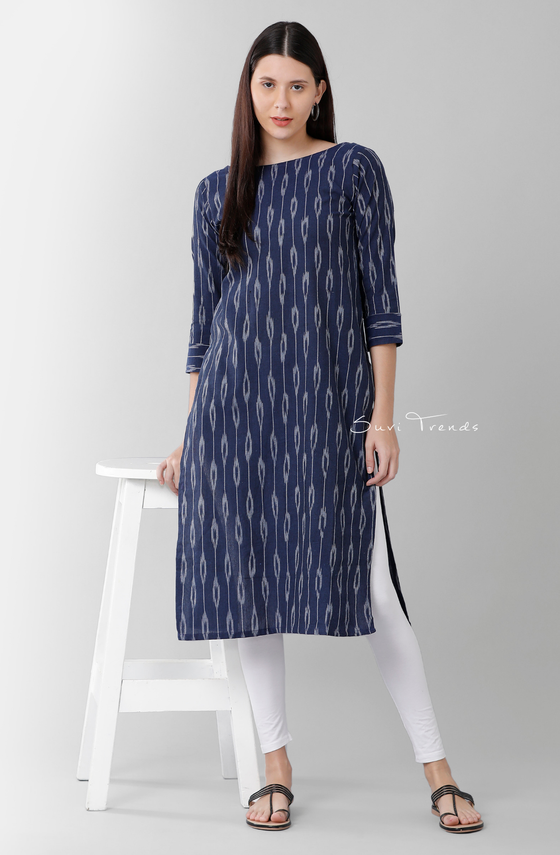 All Over Ikat Printed Kurta - Navy Blue