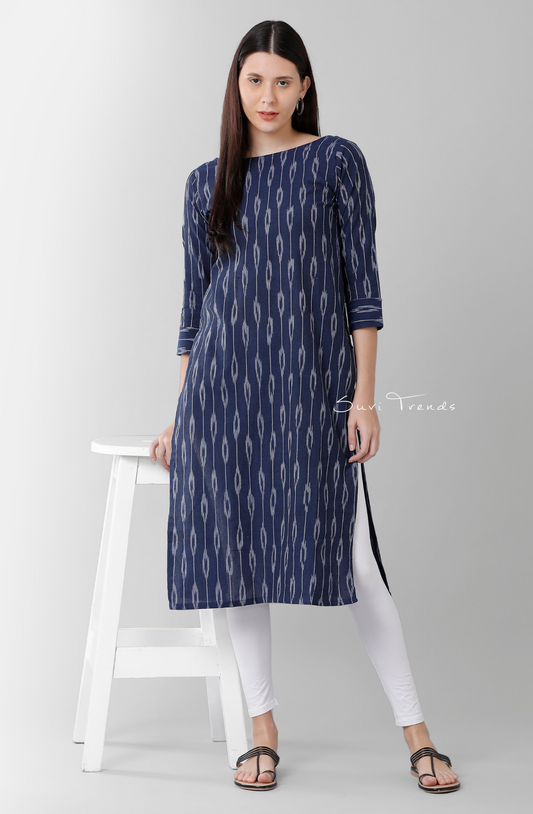 All Over Ikat Printed Kurta - Navy Blue