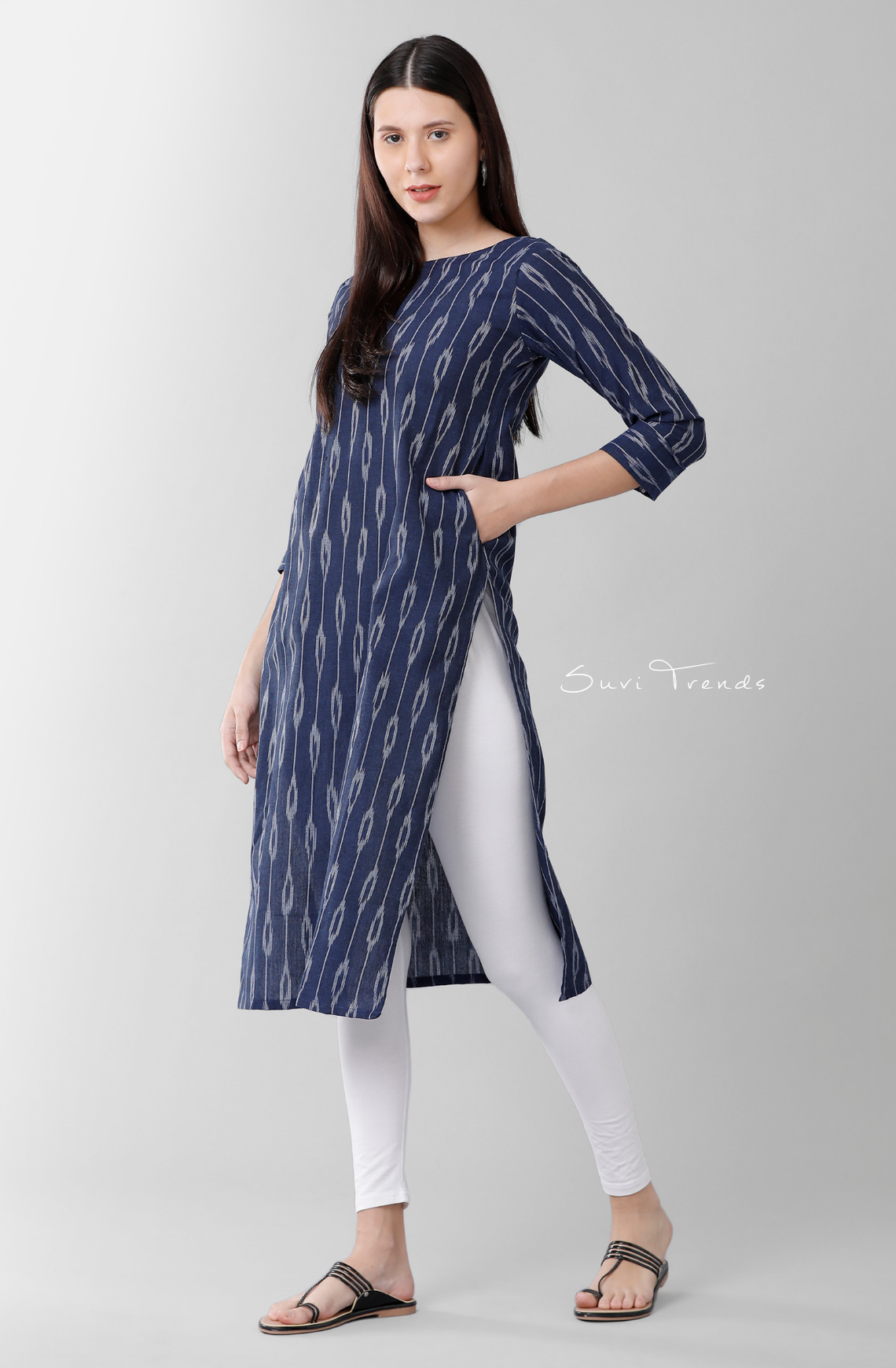 All Over Ikat Printed Kurta - Navy Blue