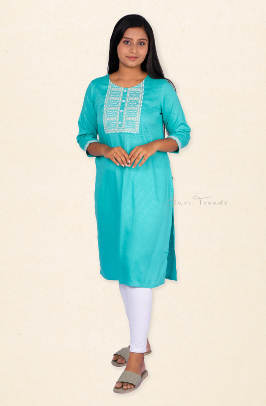 Embroidered Straight Kurta - Aqua Blue