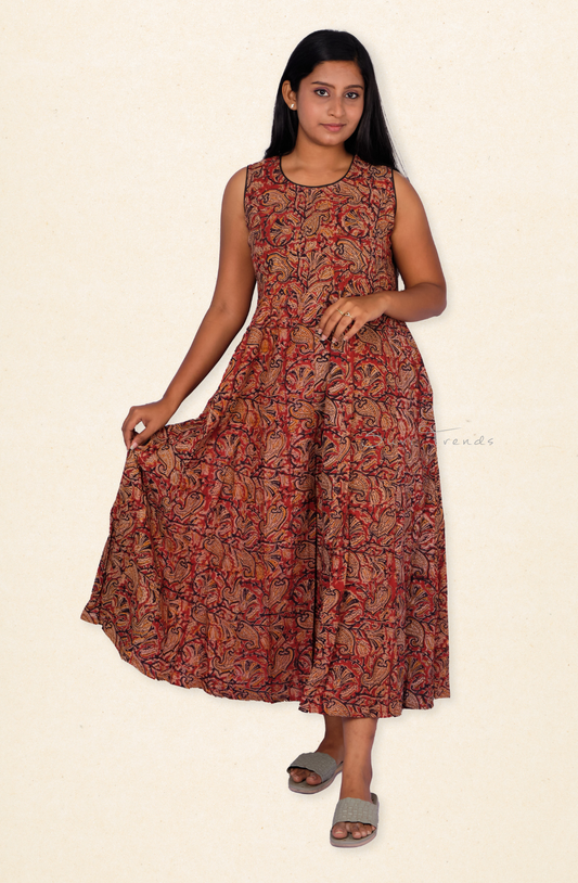 Kalamkari Handblock Printed Anarkali - Red