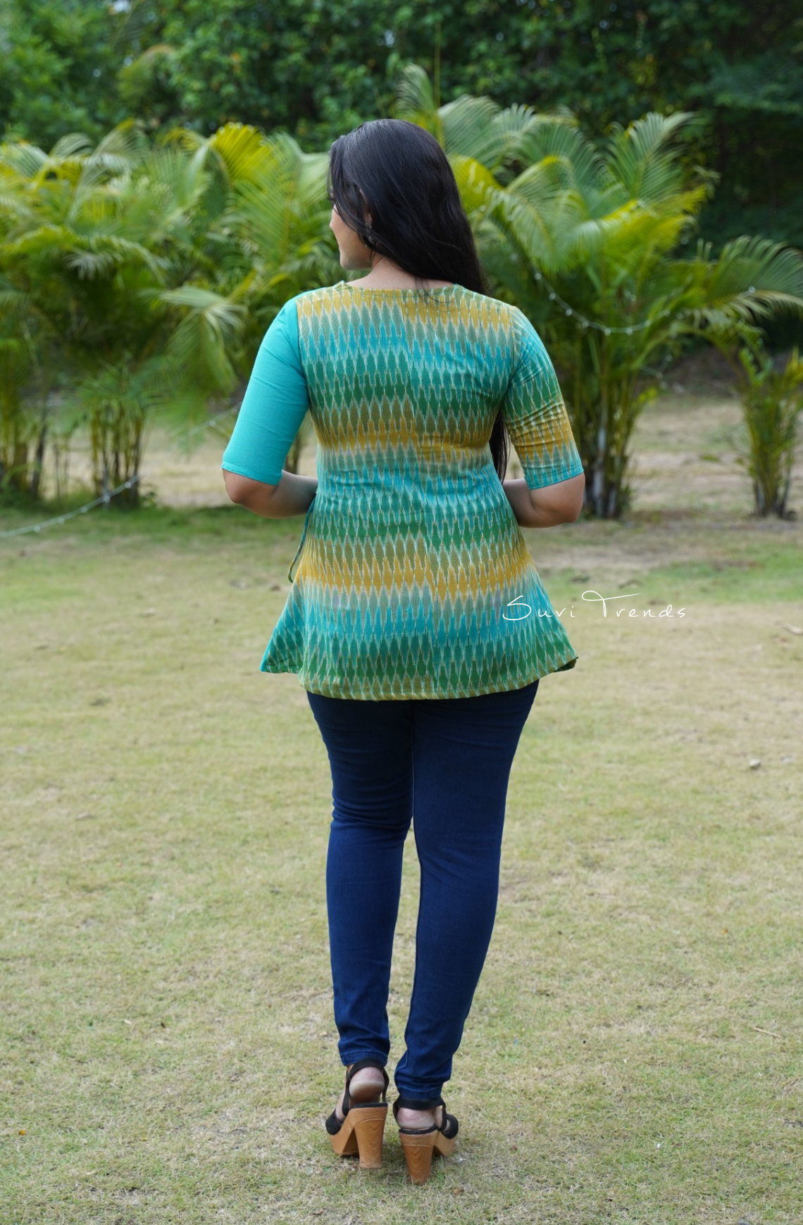 Angrakha Style Ikat Short Kurti - Aqua