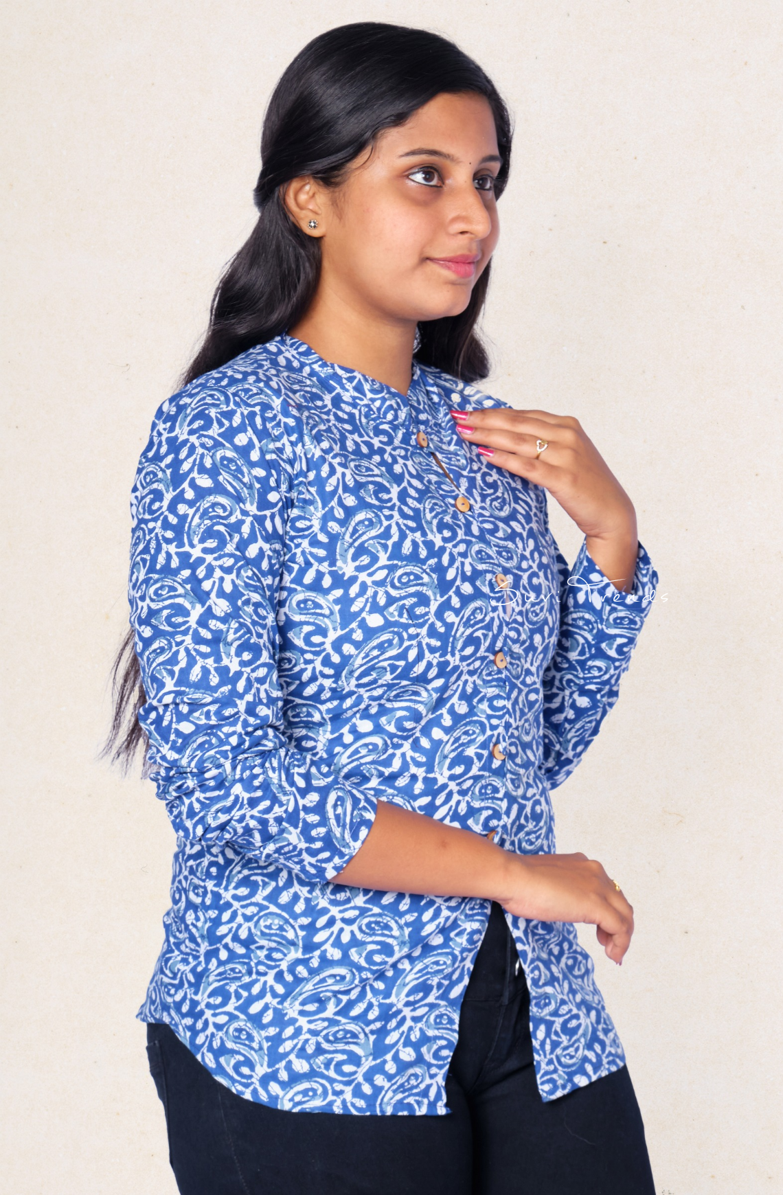 Floral Printed Cotton Top - Blue