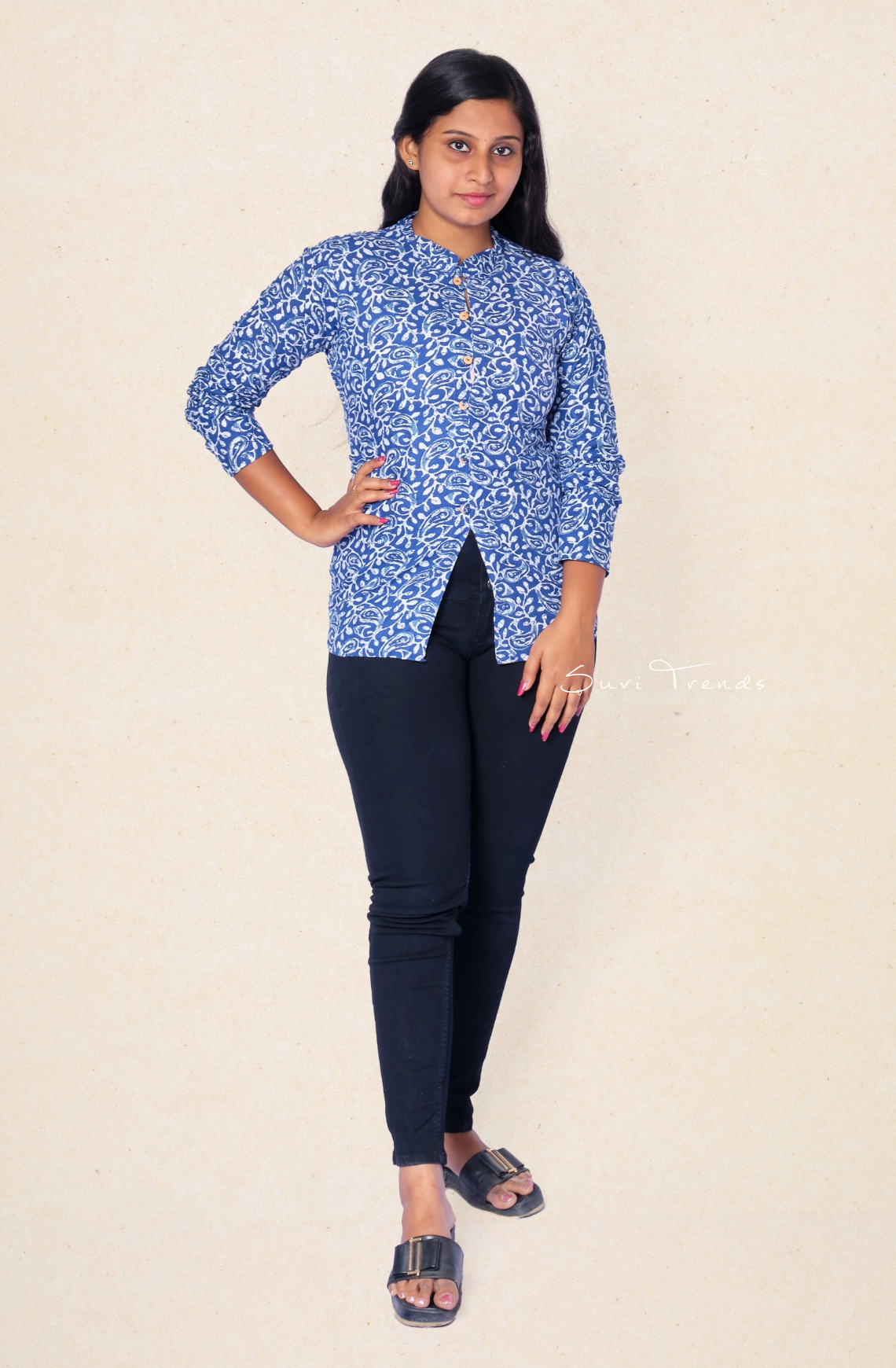 Floral Printed Cotton Top - Blue
