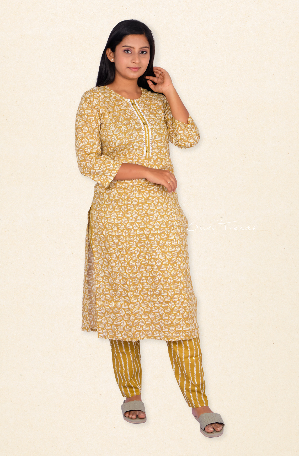 Cotton Printed Long Kurta with Pant - Mustard Yellow