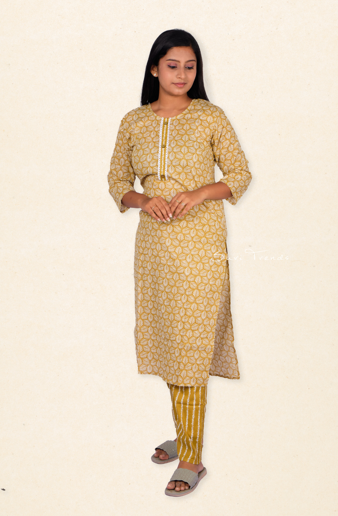 Cotton Printed Long Kurta with Pant - Mustard Yellow