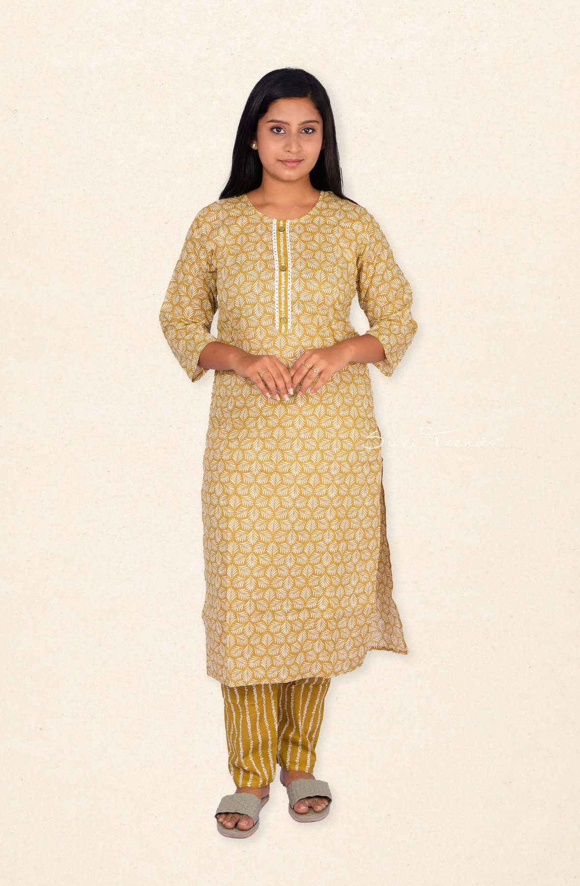 Cotton Printed Long Kurta with Pant - Mustard Yellow