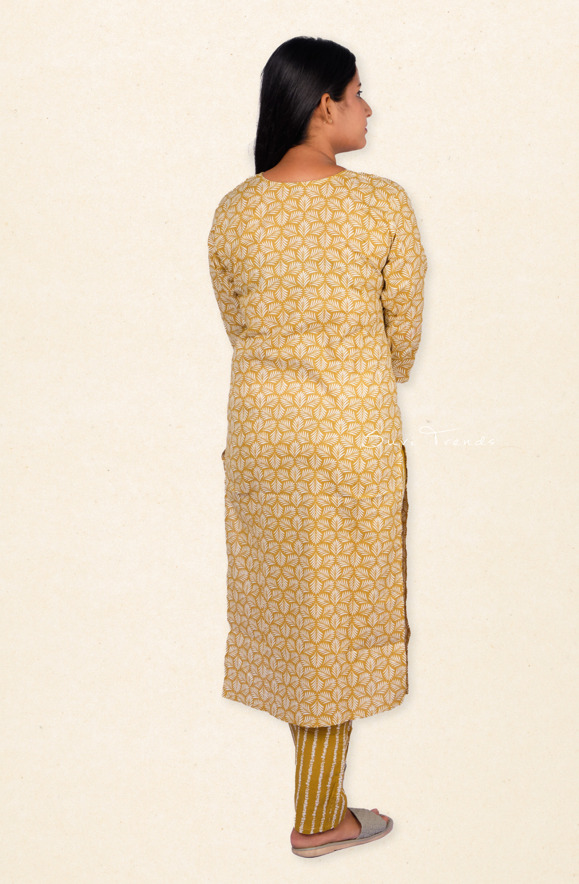 Cotton Printed Long Kurta with Pant - Mustard Yellow