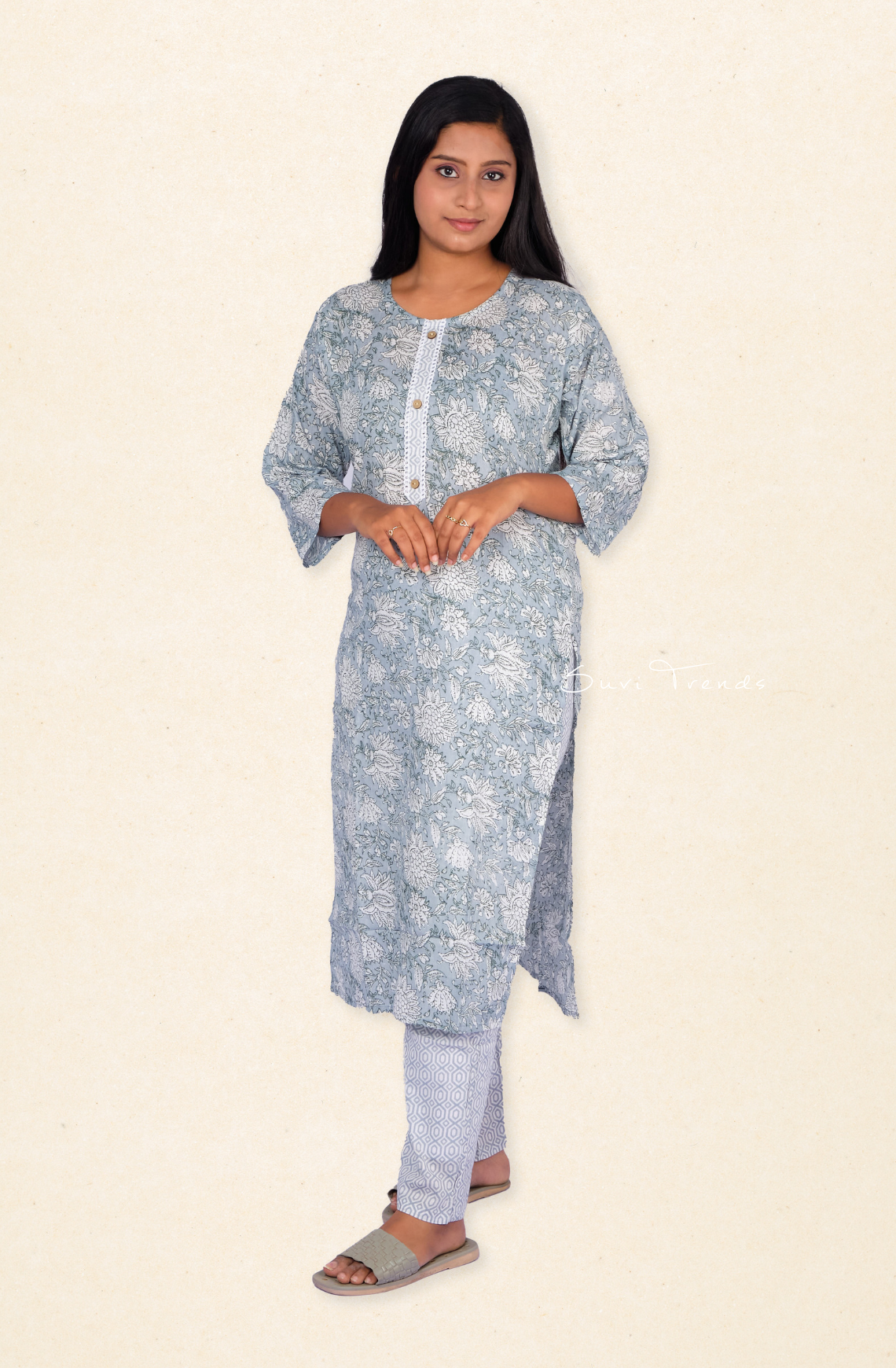 Floral Printed Long Kurta with Pant - Blue