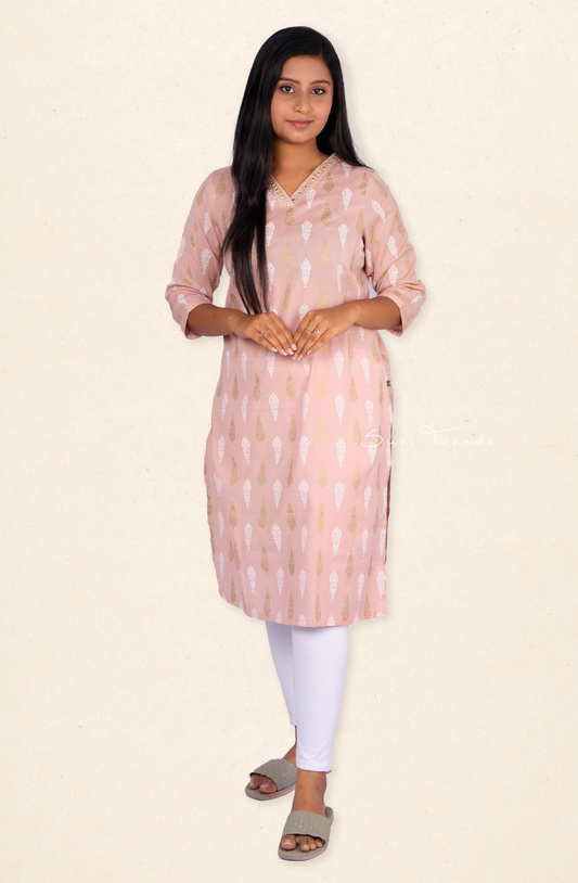 Printed V-neck Straight Kurta - Beige