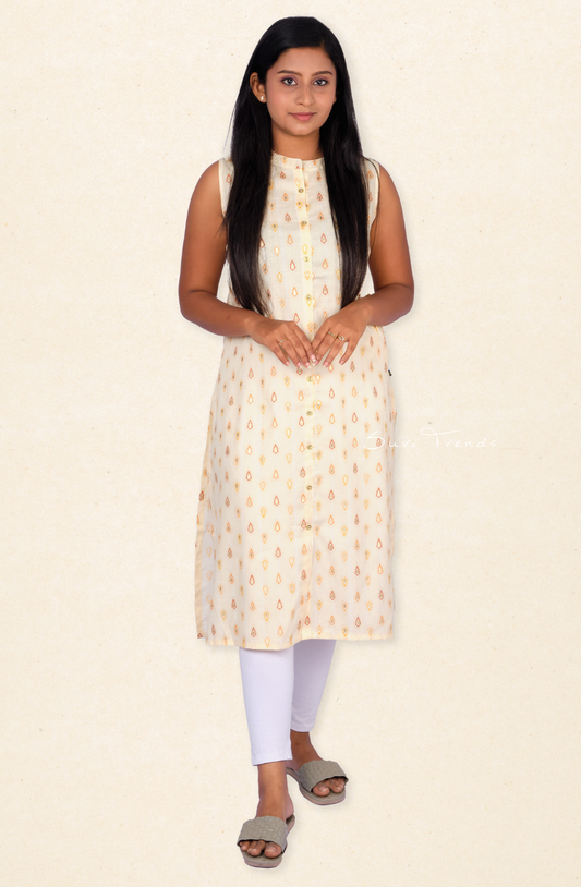 Raindrop Printed Straight Kurta - Cream