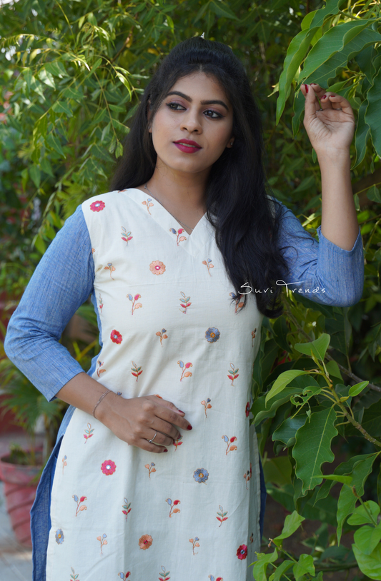 All Over Embroidered Straight Kurta - Off White & Blue