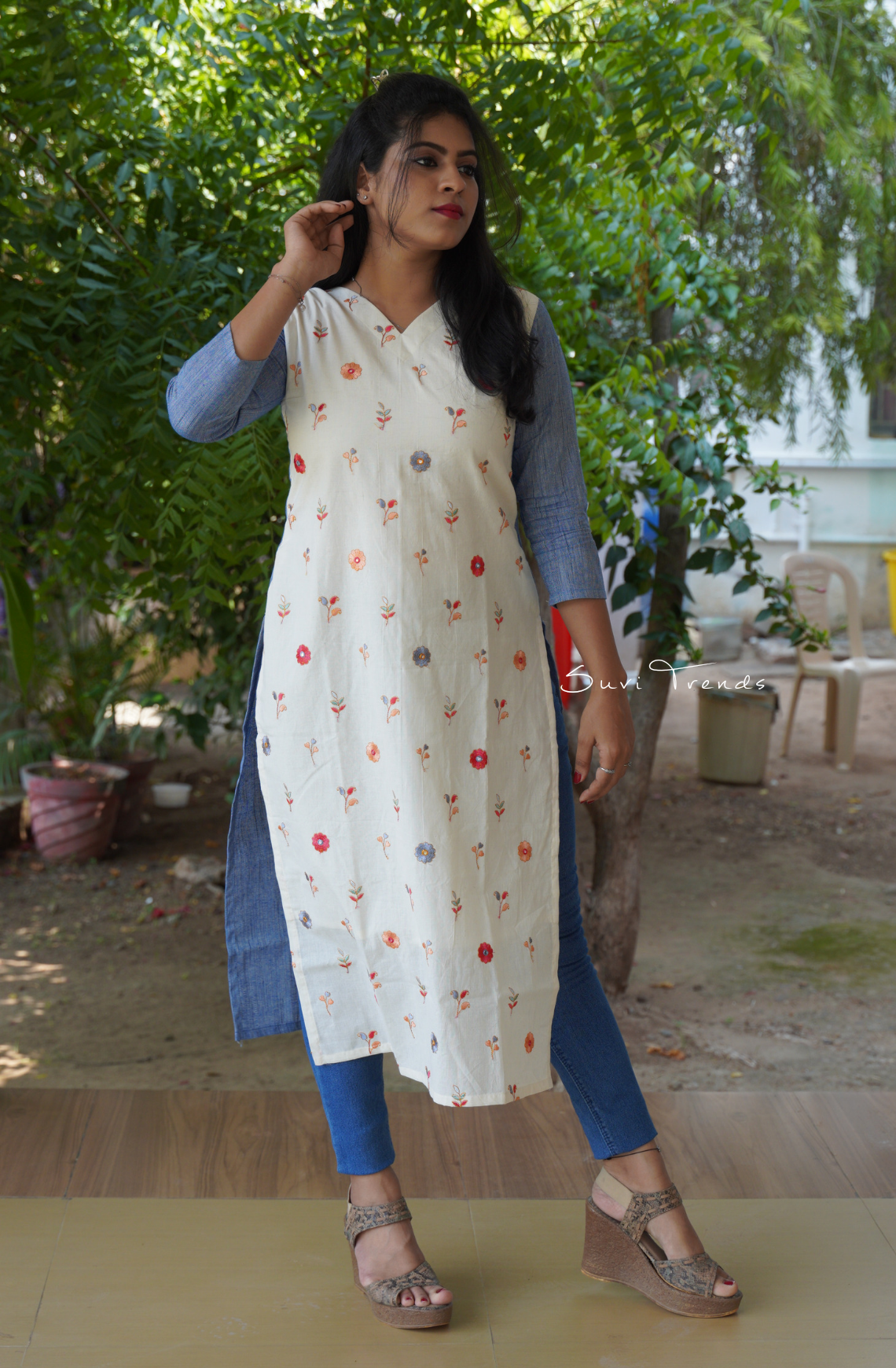 All Over Embroidered Straight Kurta - Off White & Blue