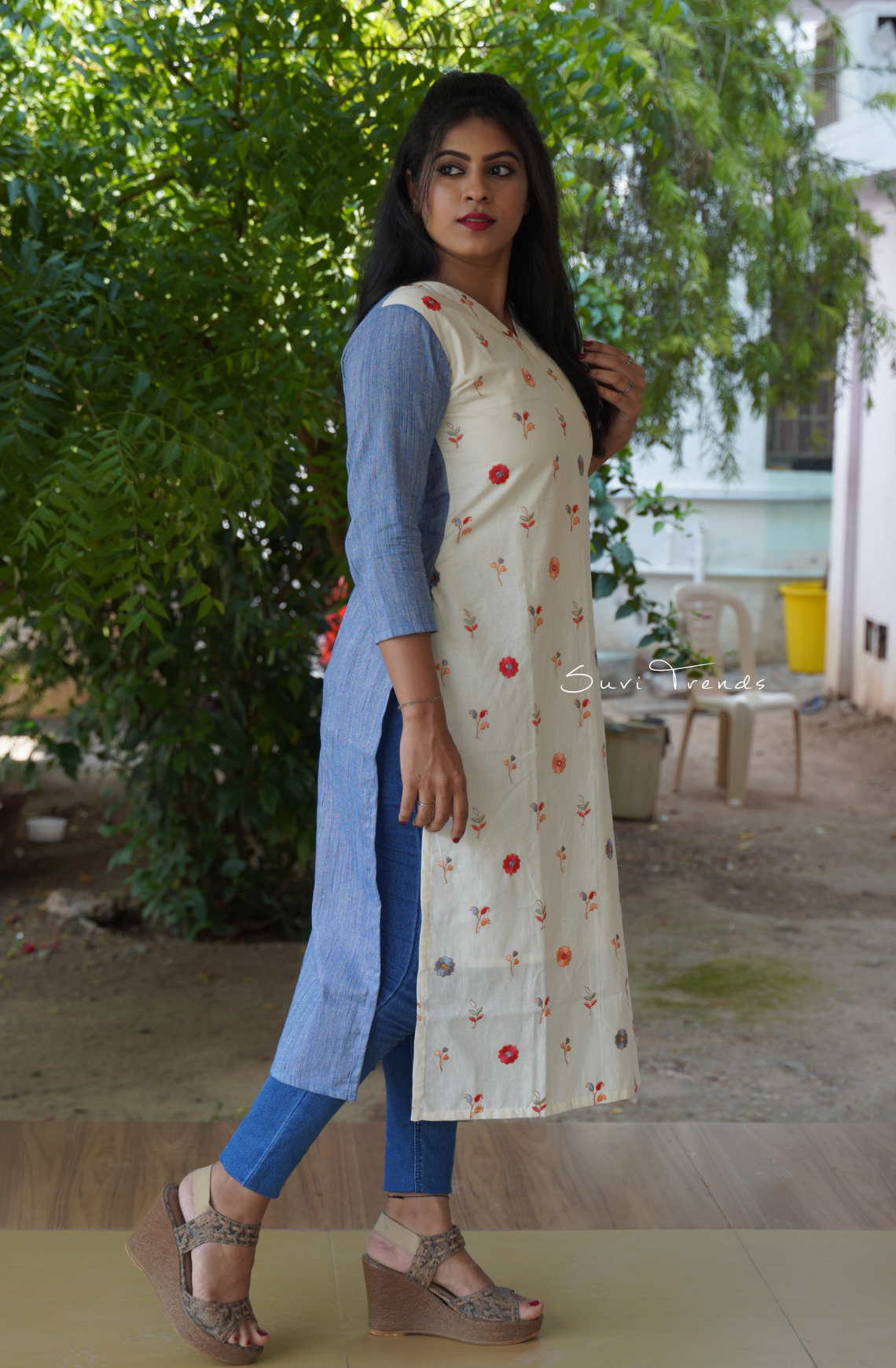 All Over Embroidered Straight Kurta - Off White & Blue