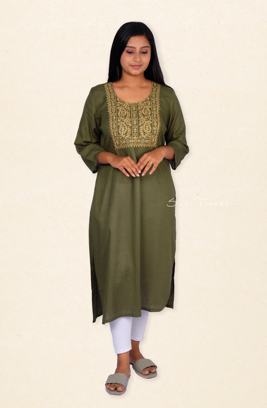 Golden Embroidered Straight Kurta - Olive Green