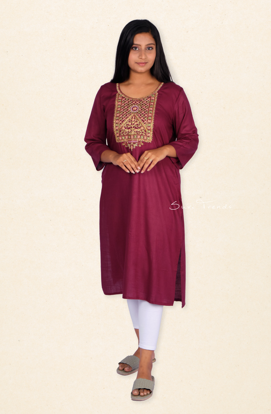 Golden Embroidered Straight Kurta - Wine