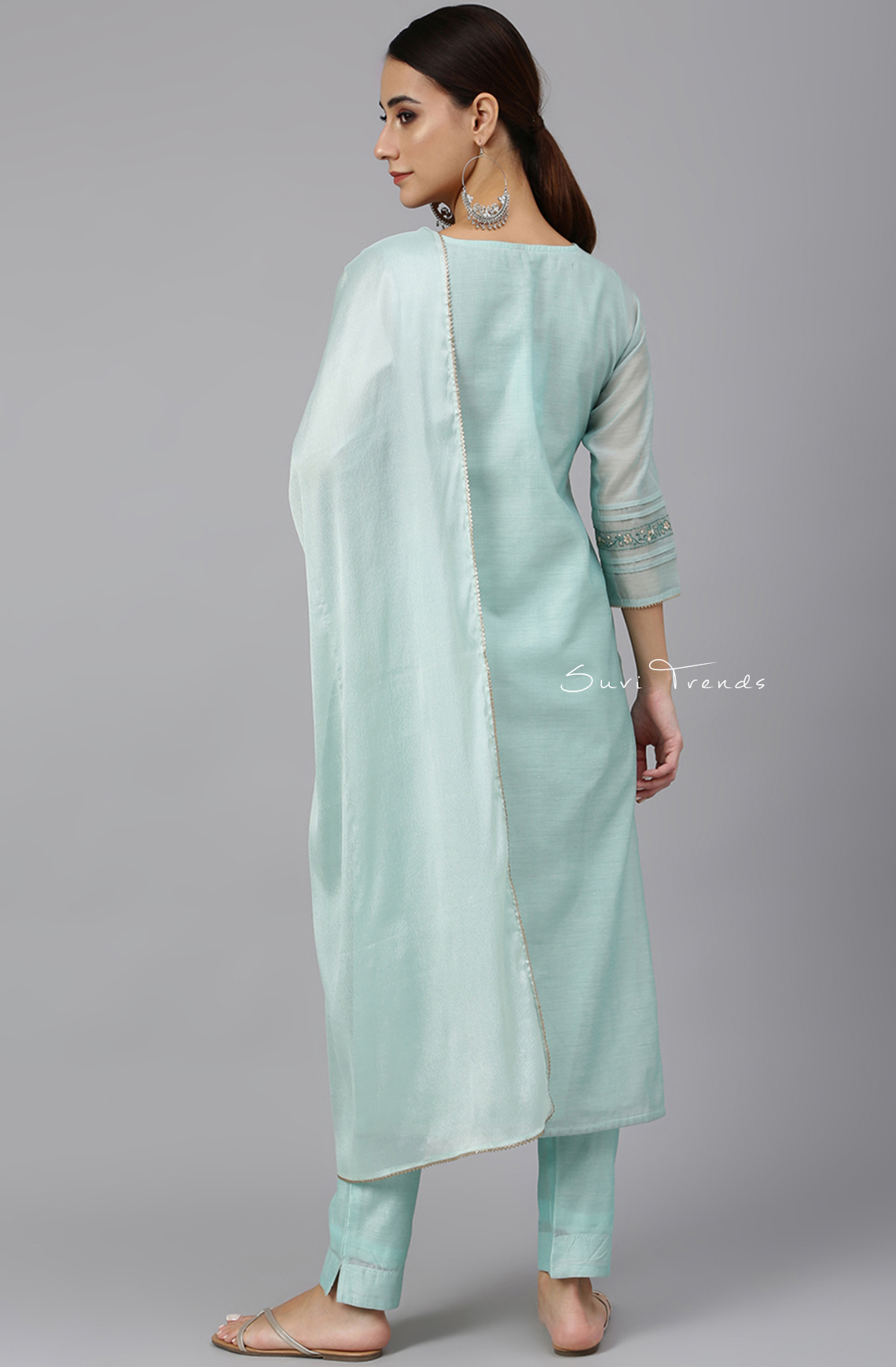 Chanderi Silk Embroidered Kurta Set - Sea Blue