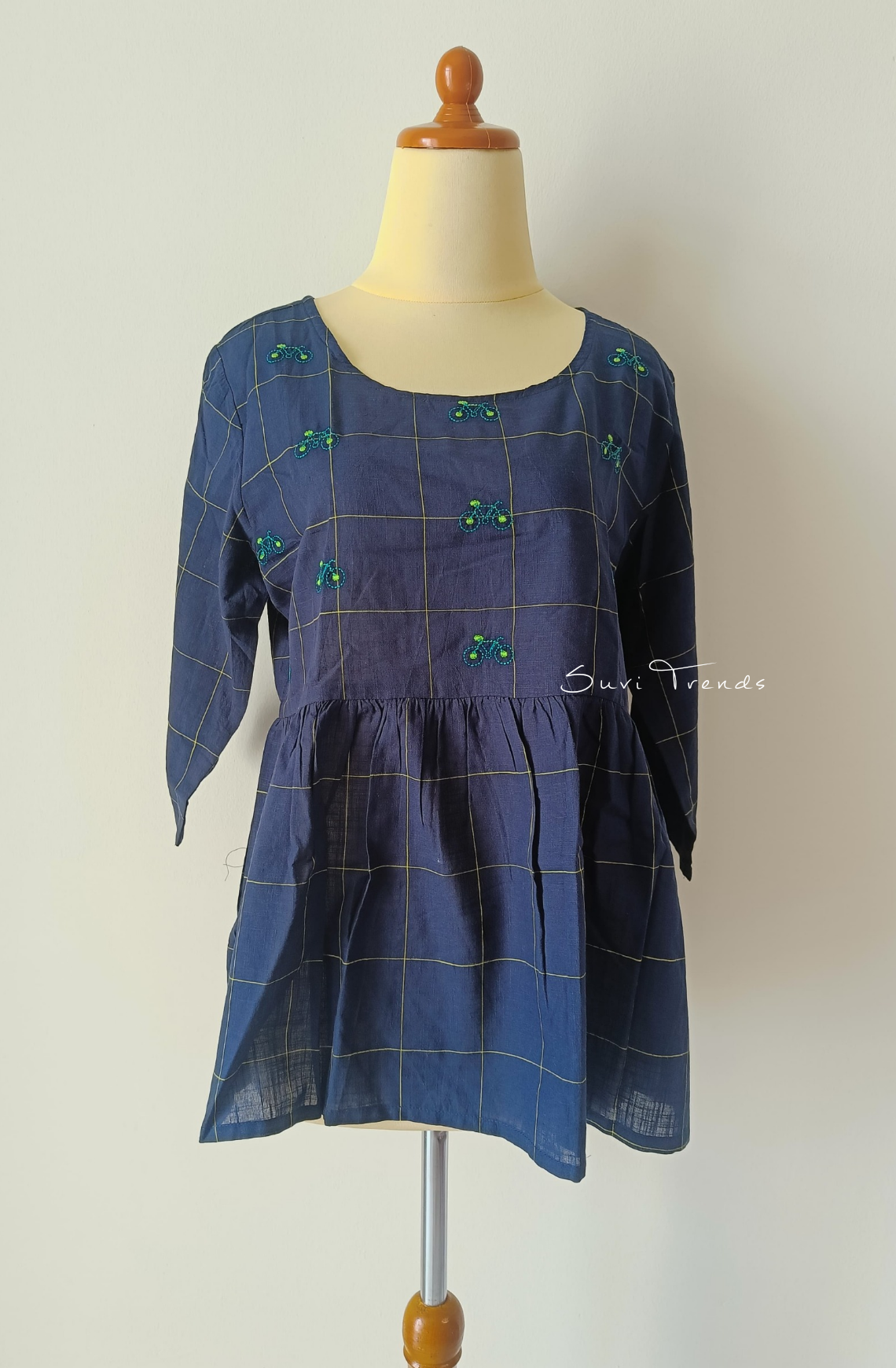 Bicycle Motif Embroidered Peplum Top - Blue
