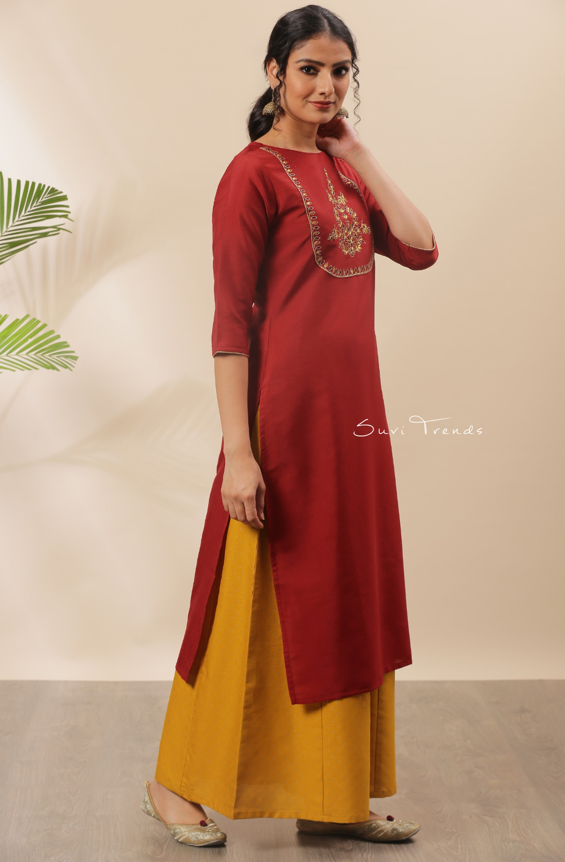 Solid Poly Silk Kurti with Embellishment - Red