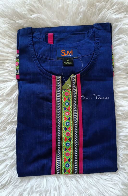 Solid Straight Kurta with Embellished Placket - Blue