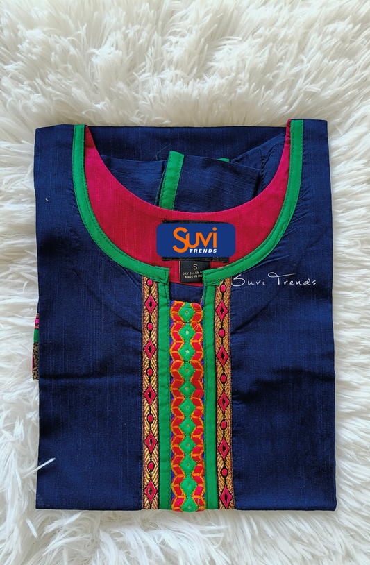 Solid Straight Kurta with Thread Embroidery - Blue