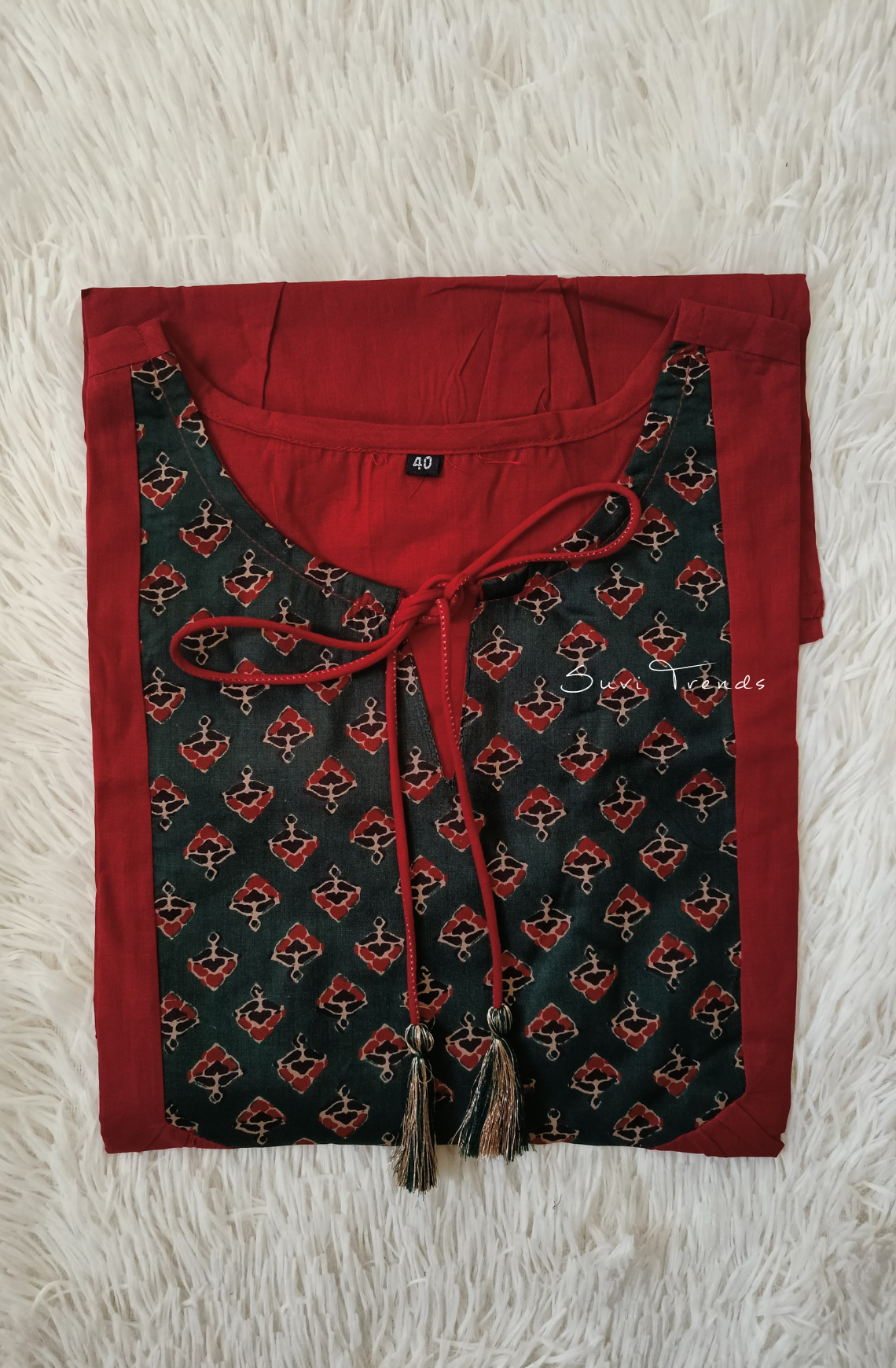 Yoke Printed Designer Top with Tassels - Red