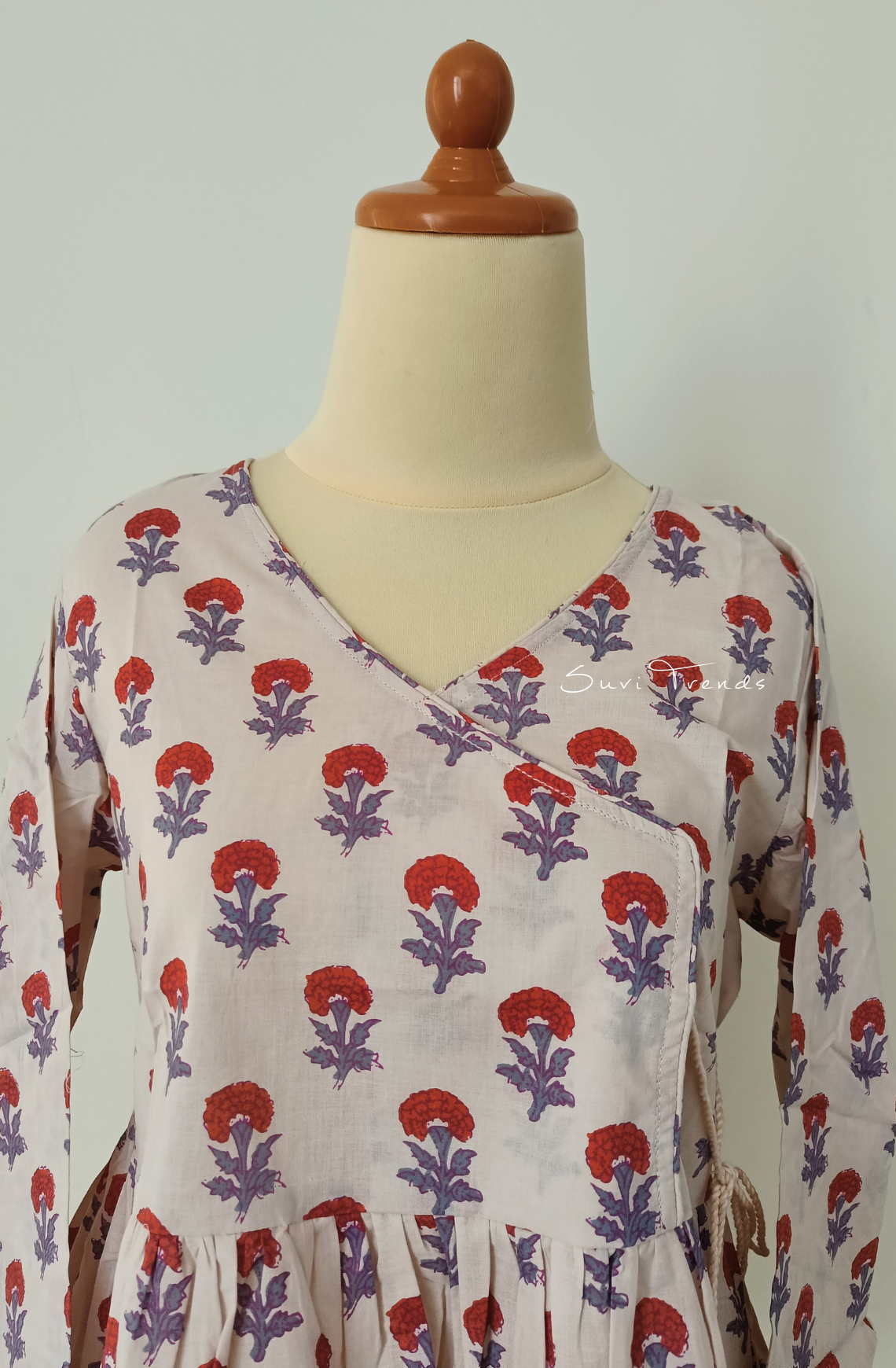 Floral Printed Angrakha Top - Off White