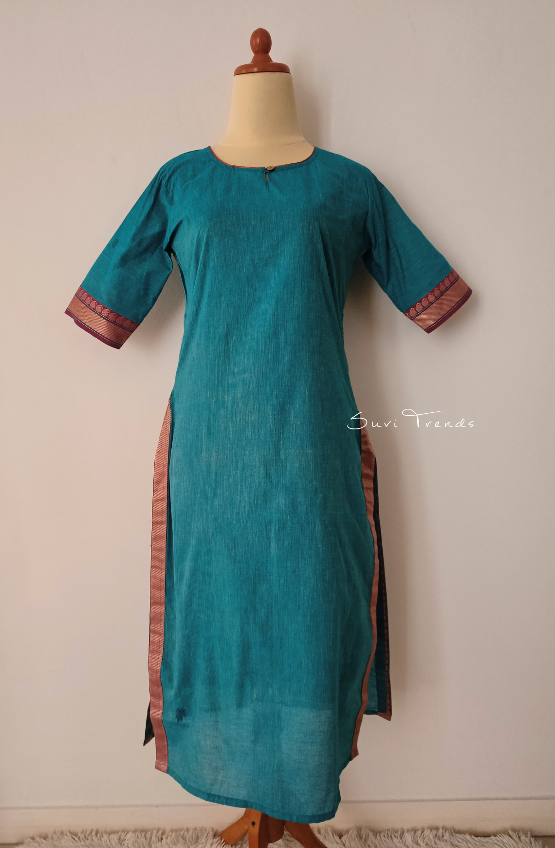 South Cotton Straight Kurta with Zari - Torquoise