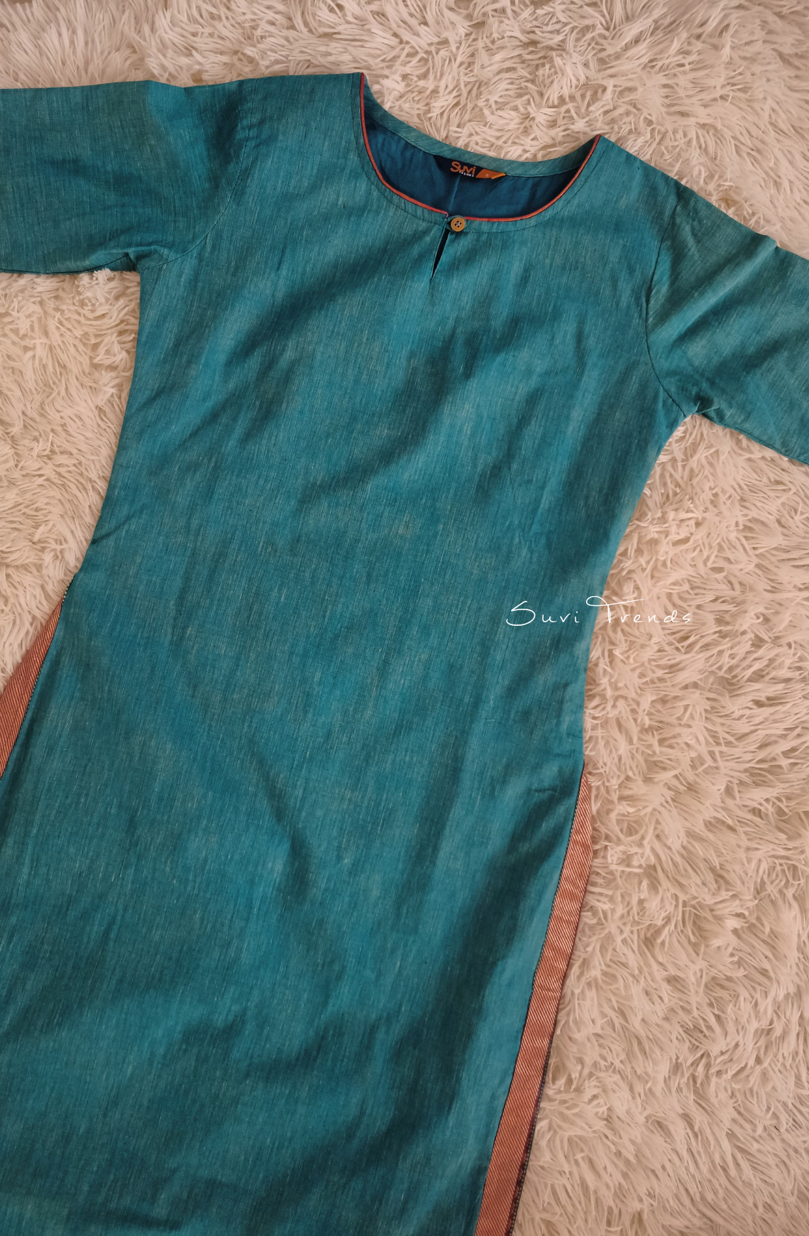 South Cotton Straight Kurta with Zari - Torquoise