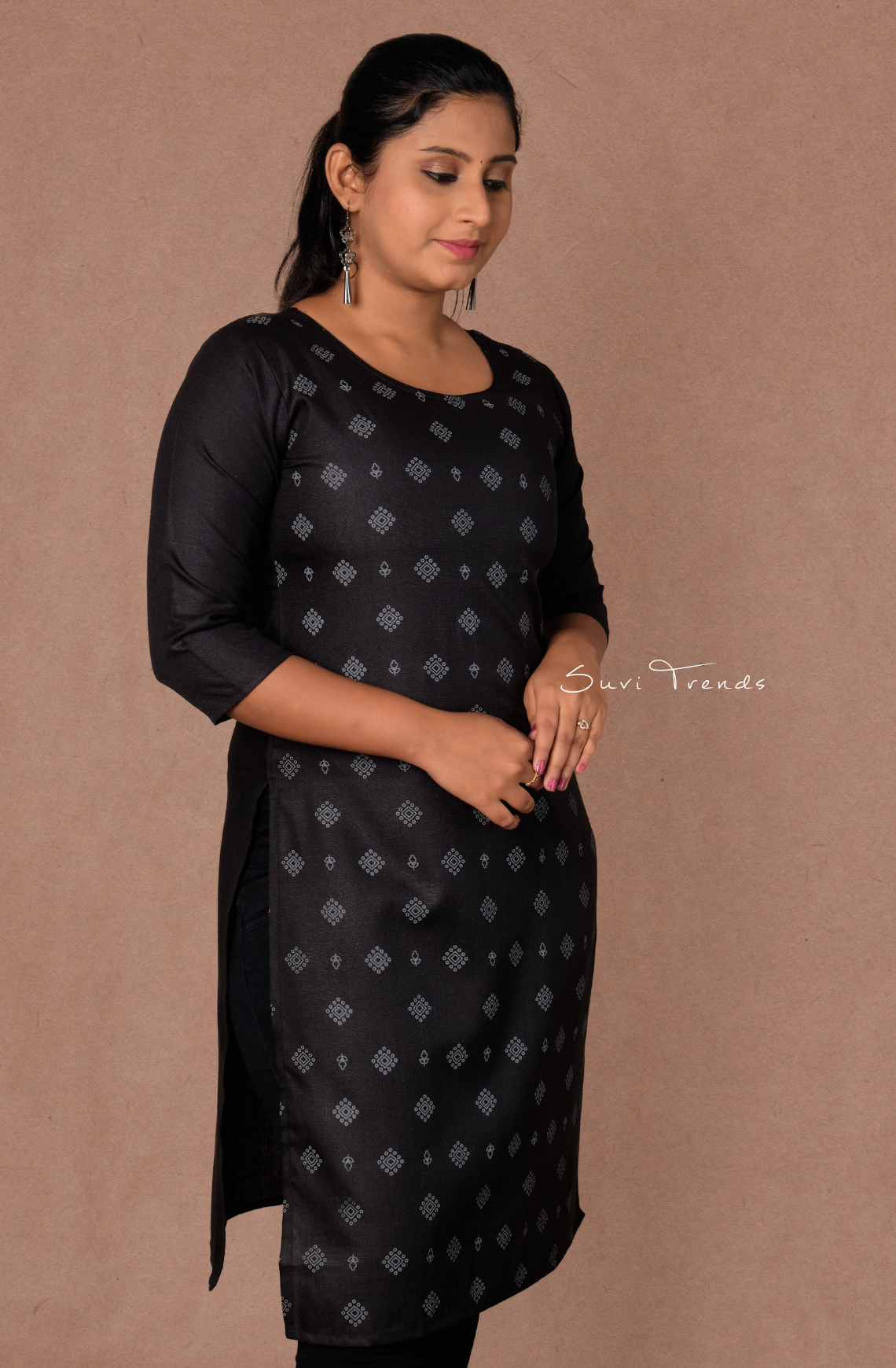 Cotton Printed Straight Kurta - Black