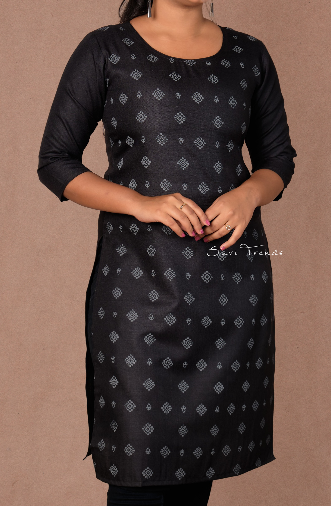 Cotton Printed Straight Kurta - Black