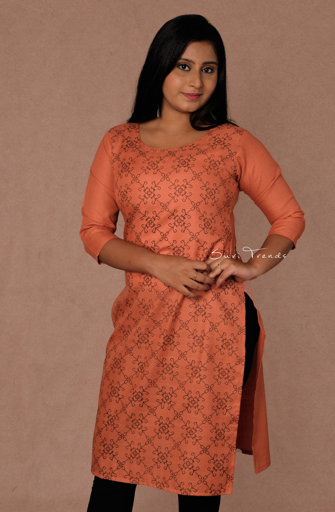 Cotton Printed Straight Kurta - Peach