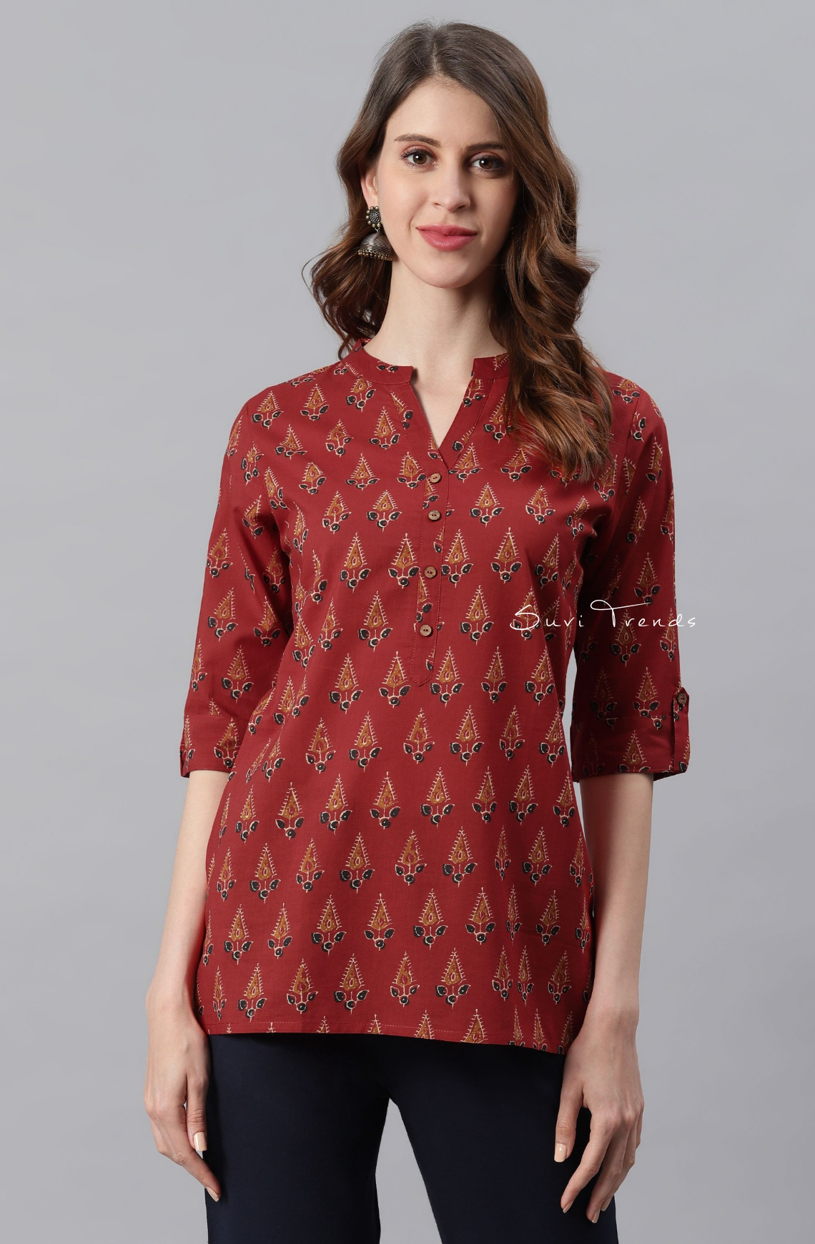 Pure Cotton Ethnic Motif Straight Kurti - Red