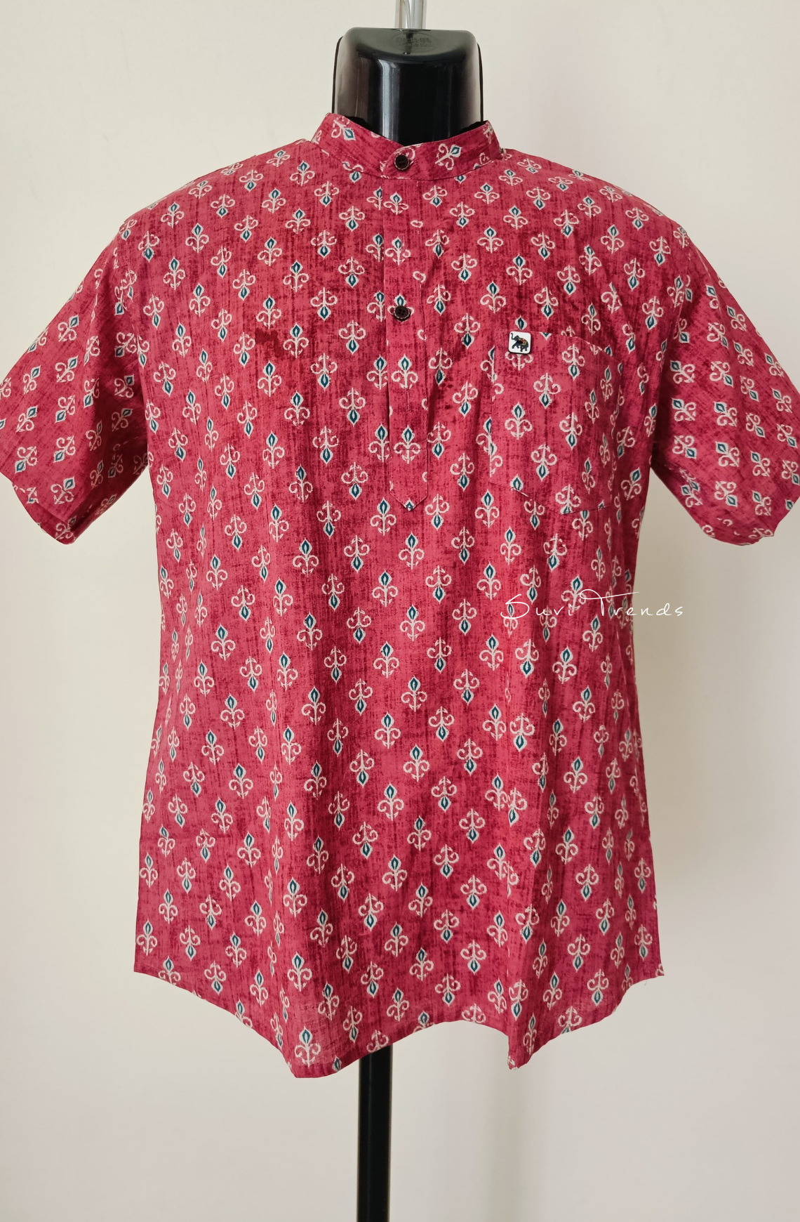 Men's Floral Printed Half Kurta - Red