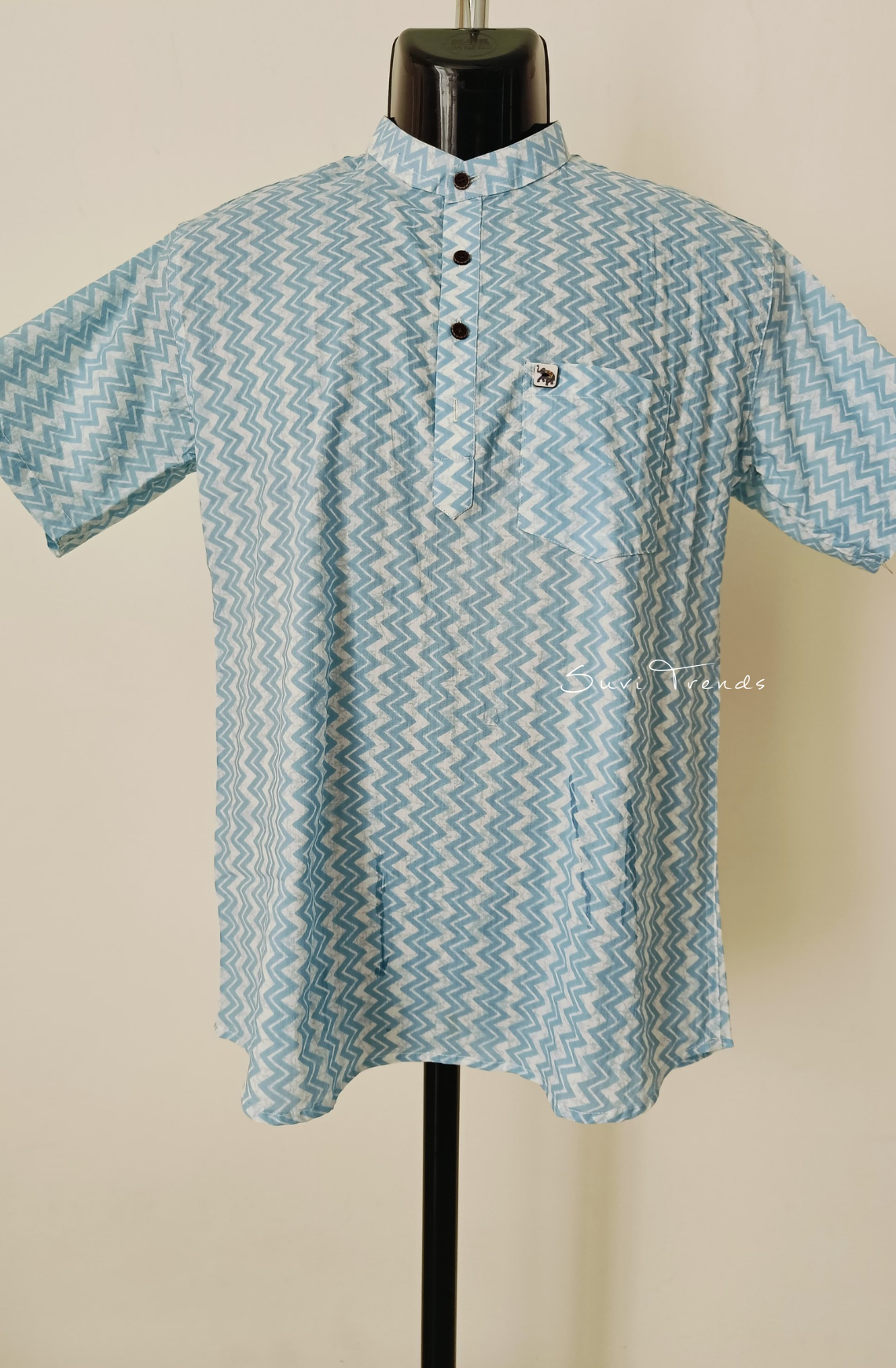 Men's Chevron Printed Half Kurta - Sky Blue