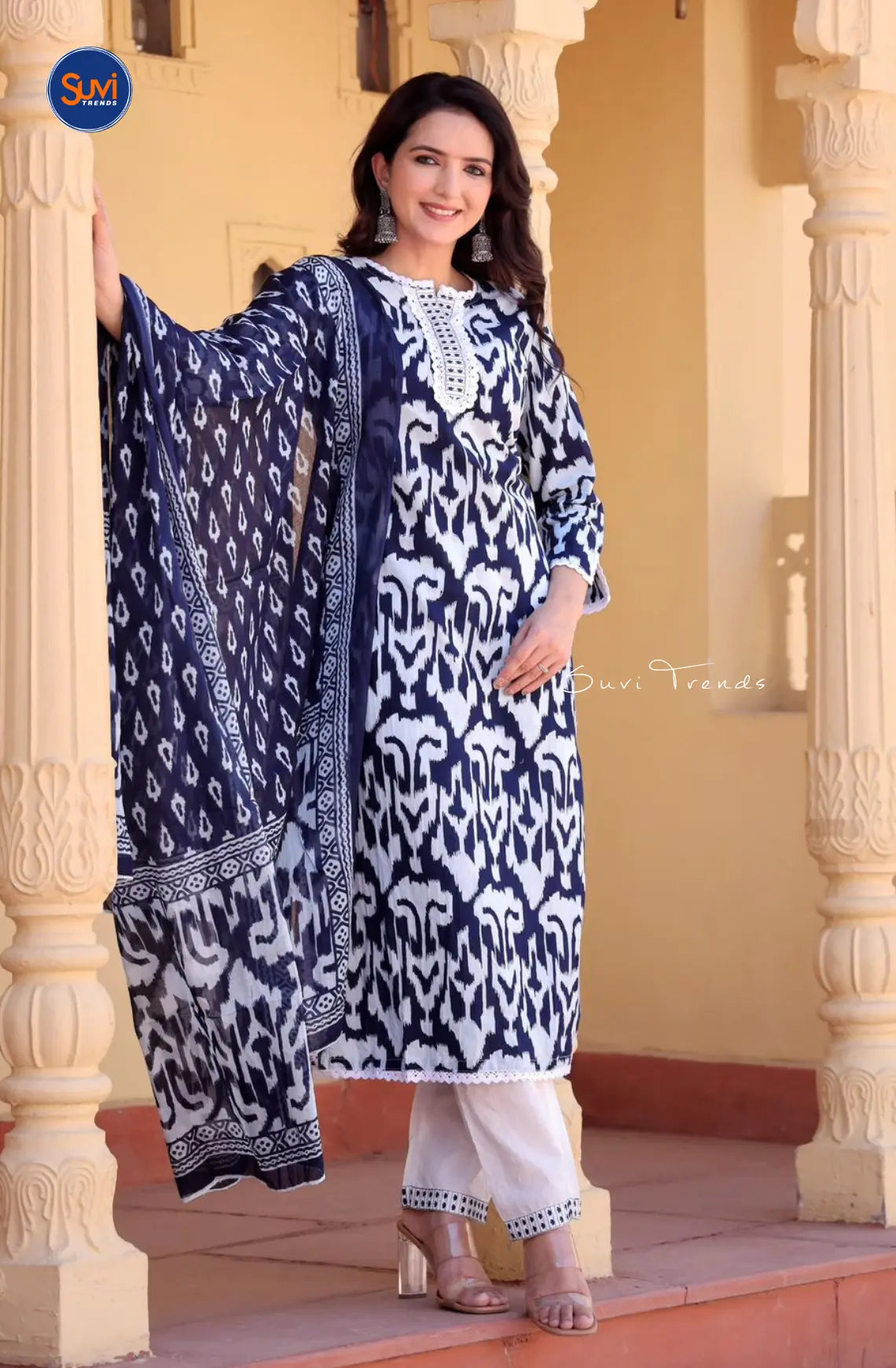 Cotton Printed Suit Set with Lace Work - Blue