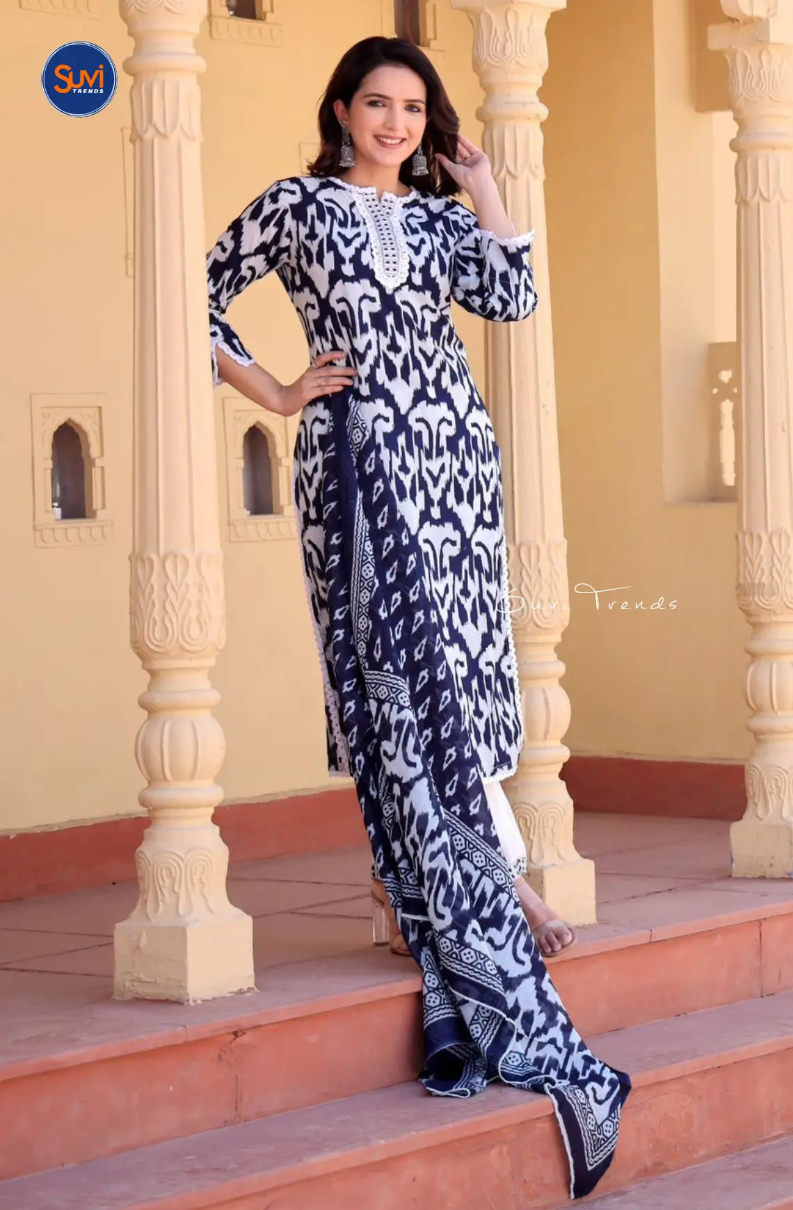 Cotton Printed Suit Set with Lace Work - Blue